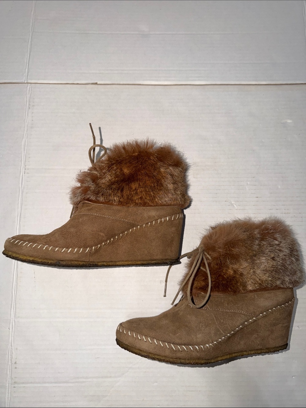 Andre Assous Tan Suede Wedge Booties with Fur Cuff Made in Spain